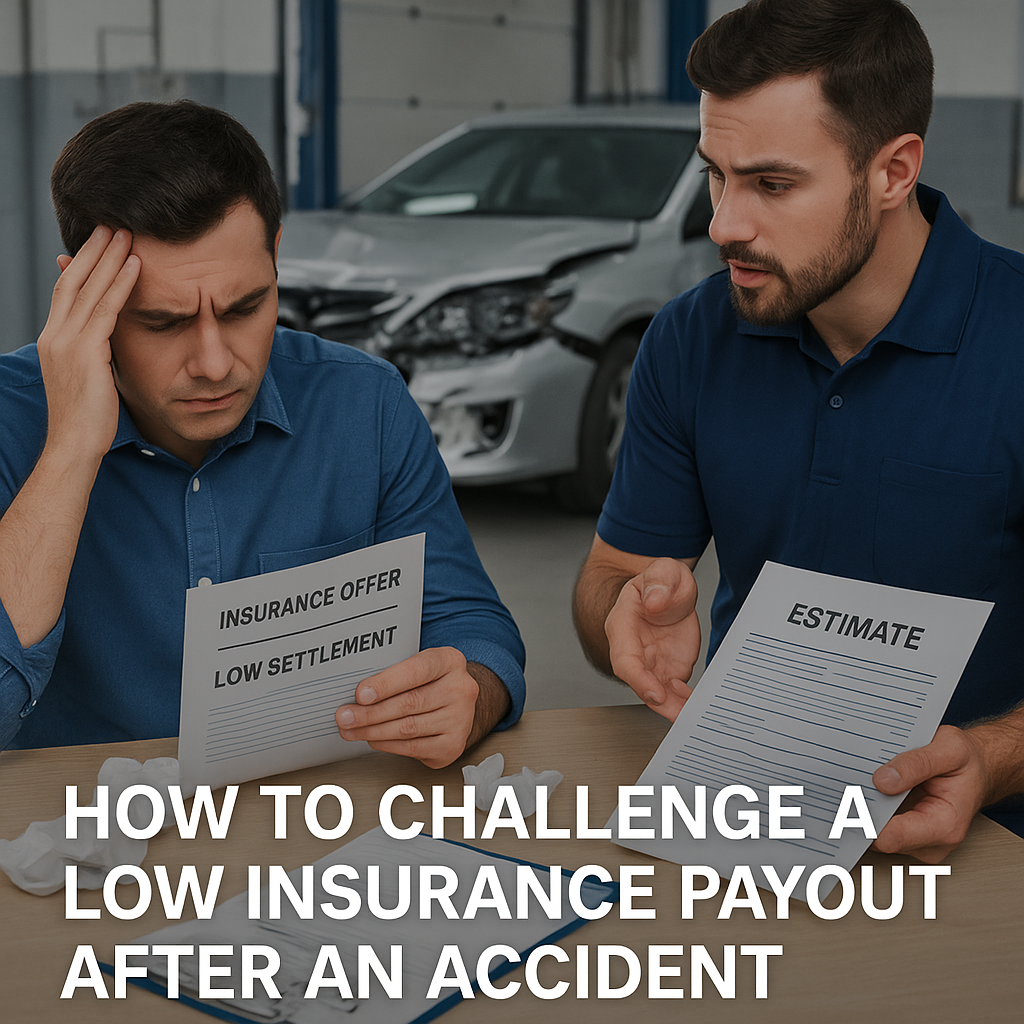 Two men looking at low insurance payout documents. A wrecked car is behind them.
