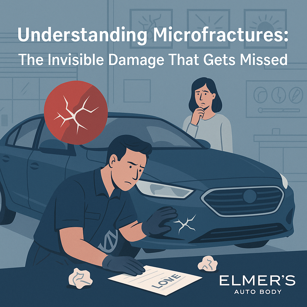 A technician explains microfractures to a woman driver.