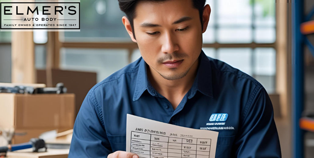 An auto tech reviews the repair estimate before handing it to a client