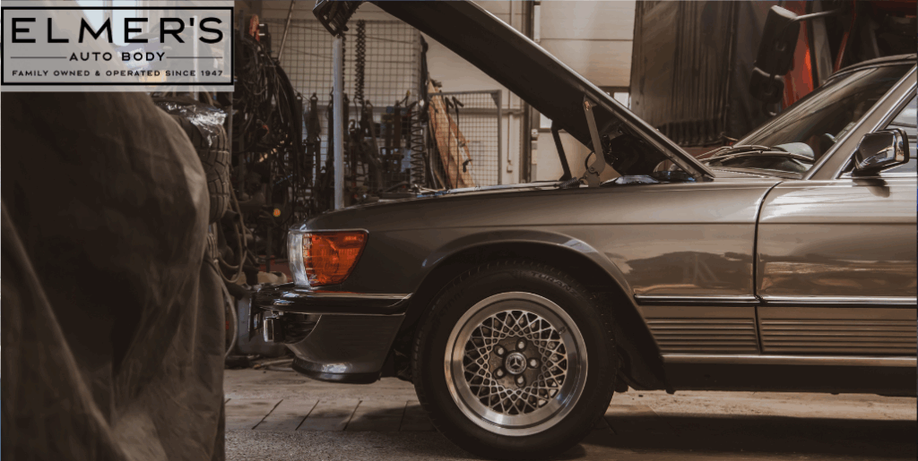 This older car wasn't repaired right and is now back in the auto body repair shop