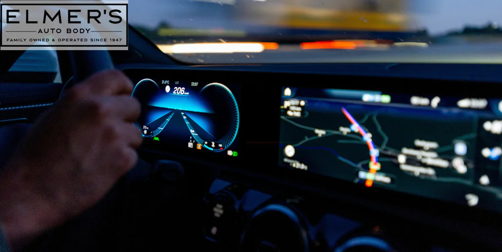 The interior of a car with all the electronic components lit up. Recently repaired sensors may behave strangely during the summer if they weren't recalibrated correctly.